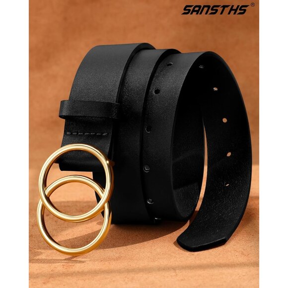 Women's Leather Belt Jeans Pants Fashion Waist Belt Ring Buckle Black Gold - Picture 3 of 6